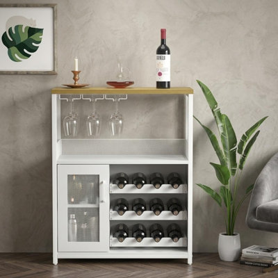 Minimalist Wine Bar Cabinet, Freestanding Liquor Cabinet with 16 Bottle Wine Rack, Glass Holder, Mesh Door Storage for Home Kitchen, Living Room