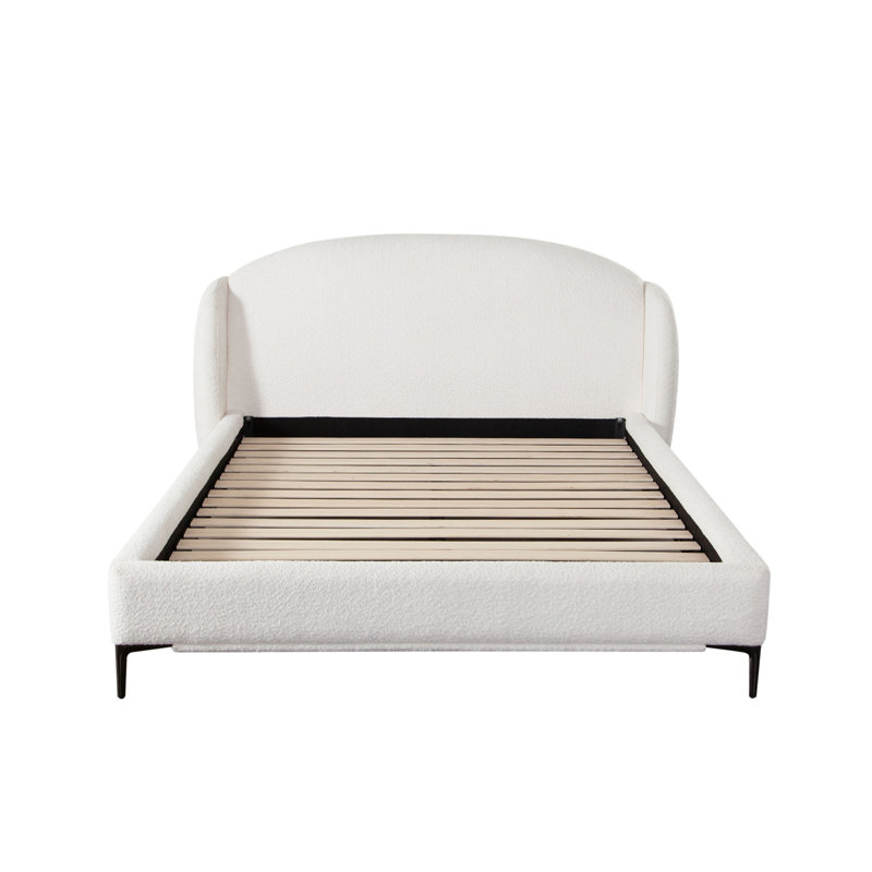 Path Low Profile Eastern King Bed In Oslo Ivory Fabric W/ Contoured Headboard And Black Metal Leg