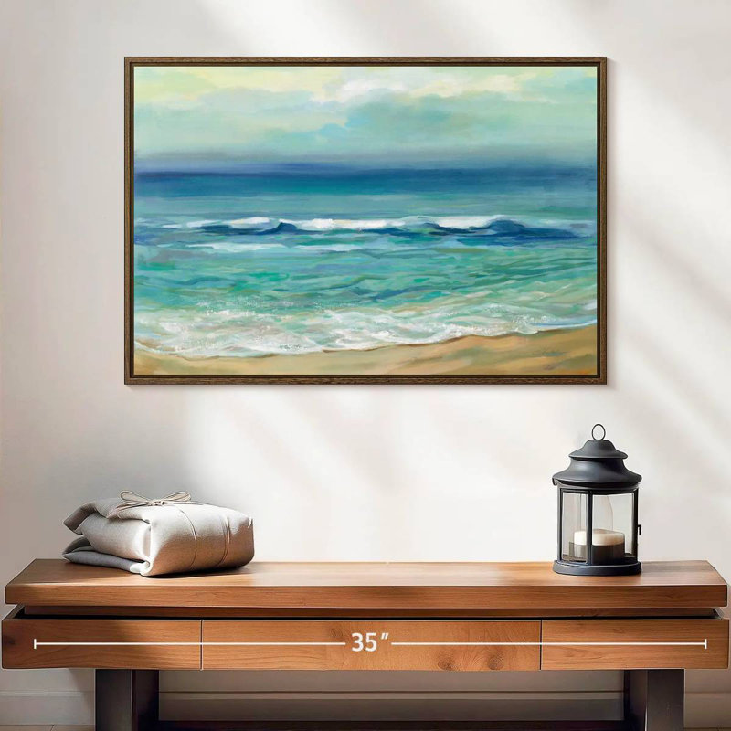 Lever de soleil au bord de la mer serein, 25 po x 17 po, Cadre flottant noyer
