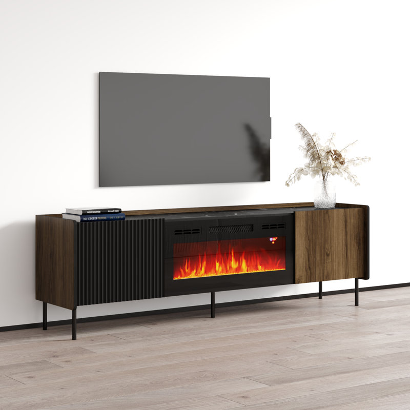 Billye 70.9" Modern TV Stand with Electric Fireplace, Matte Finish, Media Storage, Walnut/Black