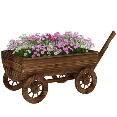 Wooden Wagon Planter Box, Mobile Garden Planter with 4 Wheels