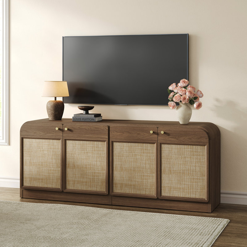 Boho TV Stand for TVs Up To 65" with 4 Rattan Storage Cabinets, Walnut Brown, 1