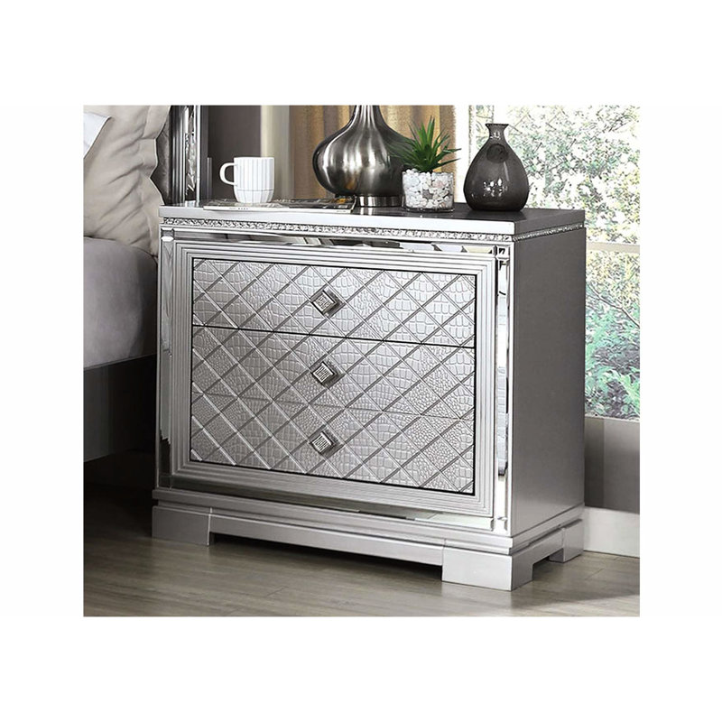 Superbe table de chevet avec section de bijoux cachée et tiroir de rangement doublé de feutre, Argent argent
