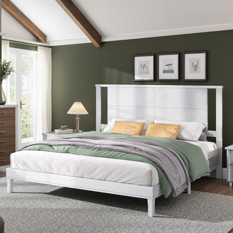 Base de lit en bois massif de style Mid-Century moderne avec tête de lit, Blanc, Très grand lit