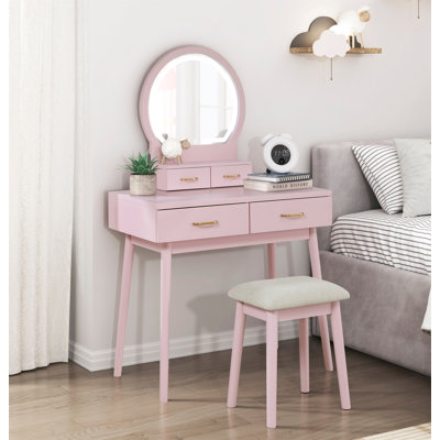 Beautiful Pink Finish Vanity Dresser With Mirror And Stool Set Storage Drawers Bedroom Furniture 1Pc