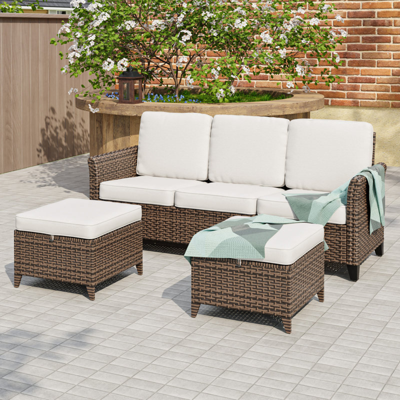 3-Piece Mix Brown Rattan Wicker Patio Outdoor Spacious Sofa Seating Group with Ottomans, Cushion, Beige