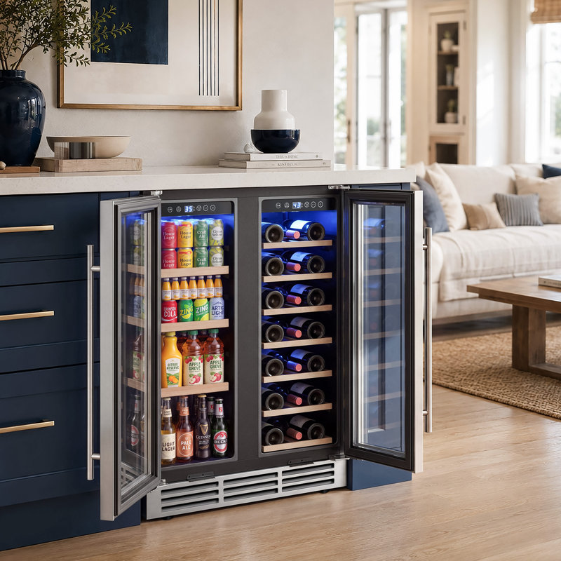 Simzlife 23.5'' W 21 Bottles and 88 Cans 4.65 Cu Ft (Dual Zone) Wine and Beverage Refrigerator - Freestanding/Built-In/Under Counter Cooler with Tempered Glass Door & Reversible Handle