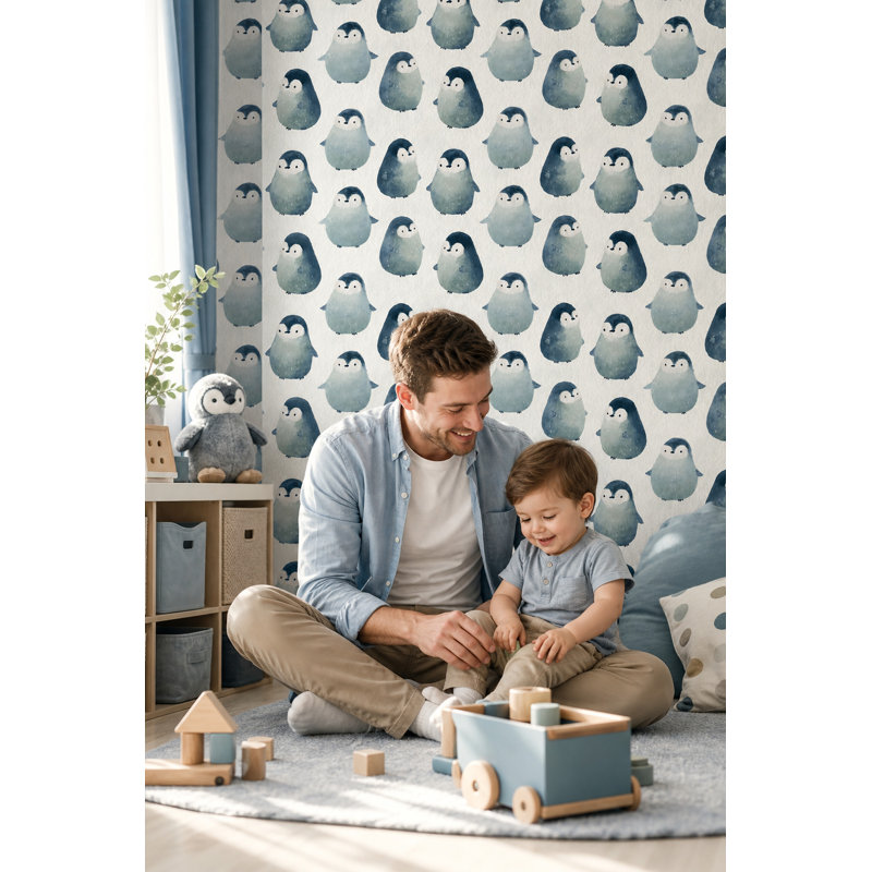 Papier peint à motif de pingouins à l'aquarelle, Non-Woven Non-Pasted