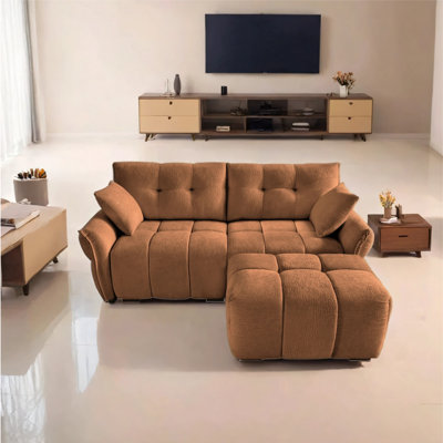 Ensemble de canapé robuste pour deux personnes à structure en bois massif avec une élégante texture en chenille comprenant un repose-pieds et des coussins