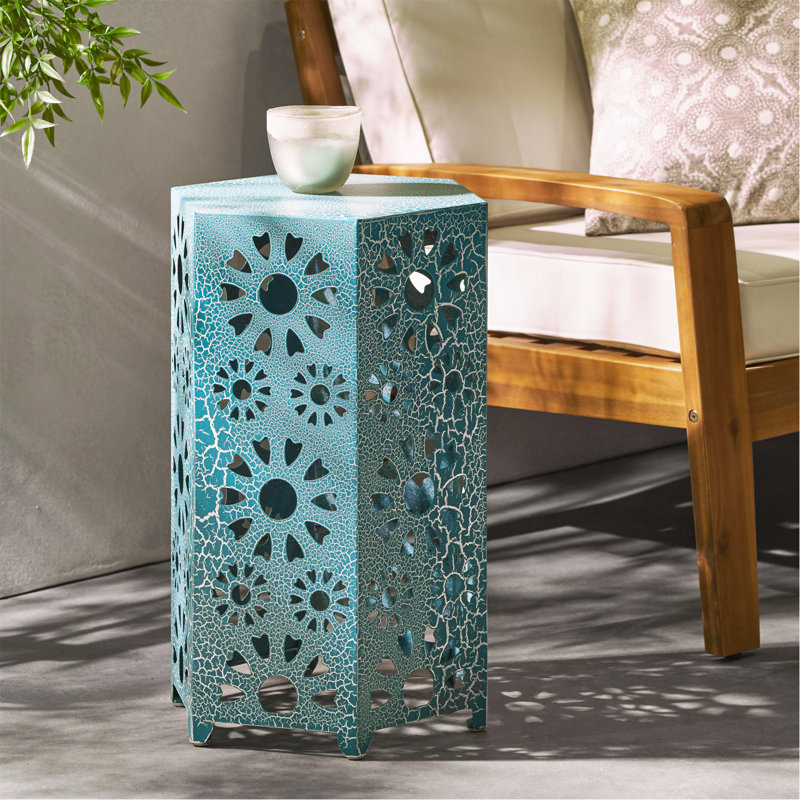 Table d'appoint 14 po avec motif découpé Sunburst, bleu sarcelle, H 22 po x l 14,25 po x P 14,25 po, Bleu