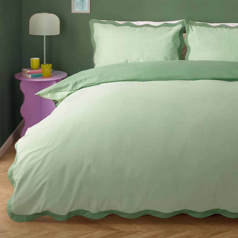 Wiggle Scallop Cotton Blend No Pattern Duvet Cover Set with Pillowcases, Double Duvet Cover + 2 Standard Pillowcases, Green