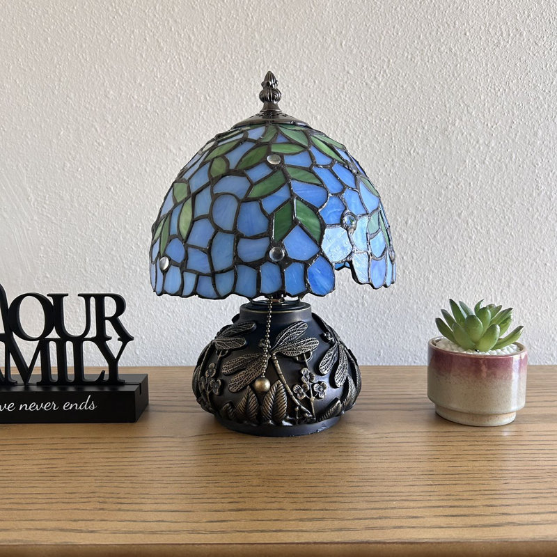 Standwood Tiffany Mini Table Lamp Blue Stained Glass Green Leaves LED Bulb Dragonfly Base 12"H*8"W*8"D