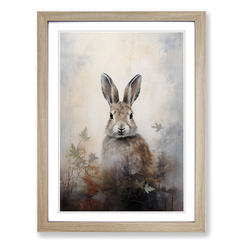 XYZ-FRM-V1223-5339 Rabbit Gestural - Single Picture Frame Print on Wood, 64cm H x 46cm W x 2cm D, Oak
