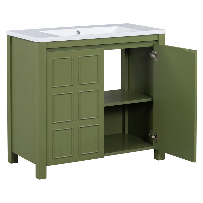 Meuble-lavabo exquis avec détails faits à la main et beaucoup de rangement, Vert olive