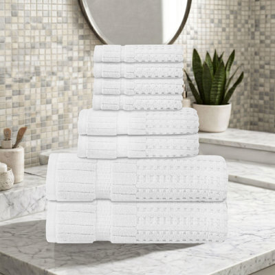 Willow 8 Pieces Towel Set – 100% Combed Cotton, Premium Quality 630 GSM, White, Ultra-Soft & Highly Absorbent (2 Bath, 2 Hand, 4 Wash Towels set)