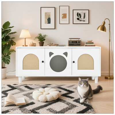 Modern Wood Cat Cabinet With Sisal Scratcher, Litter Box Enclosure, And Storage, Cream Side Table
