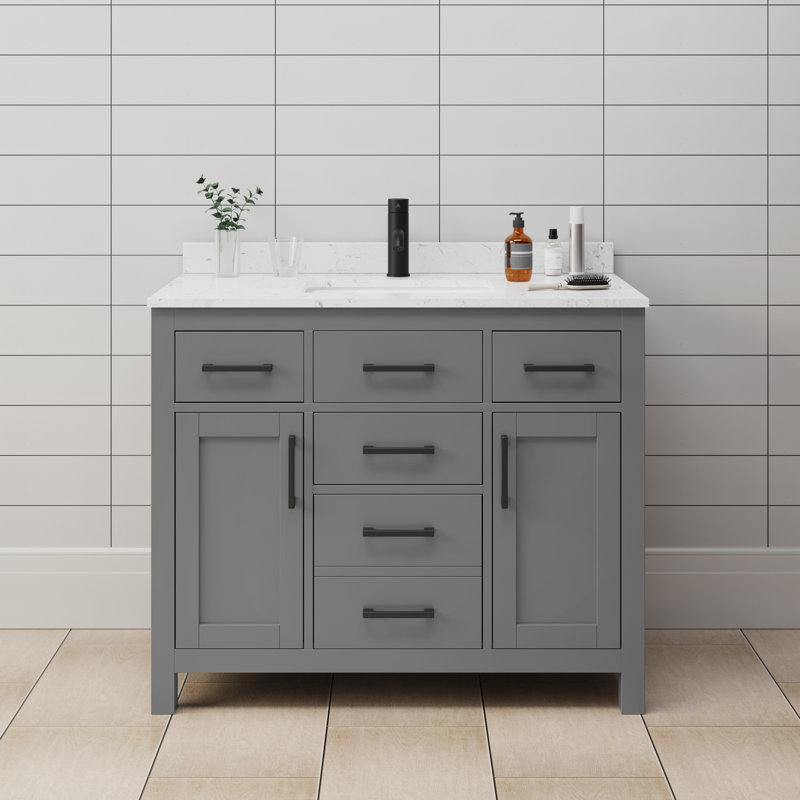 Beckett 42" Freestanding Single Bathroom Vanity with Cultured Marble Top, Dark Gray, Carrara Cultured Marble, Matte Black