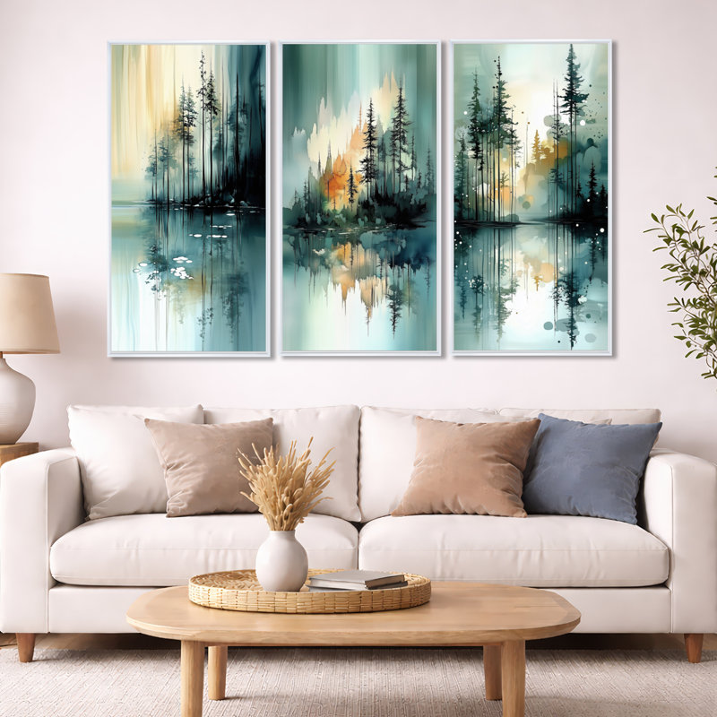 Décoration murale 3 pièces Quiet Mountain Lake Spring Horizon, 32" H x 48" W, White Floater Framed
