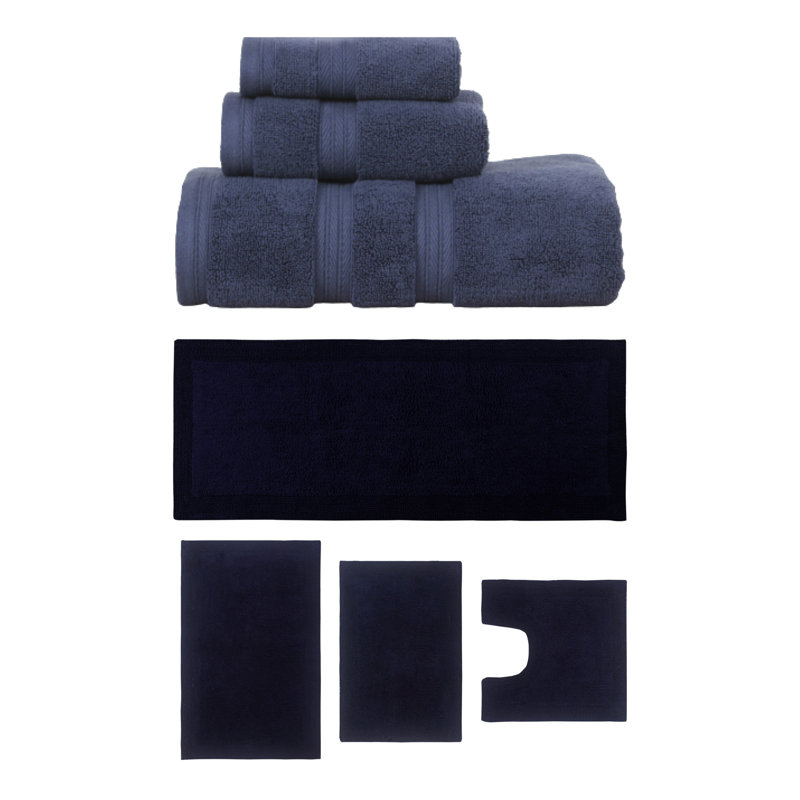 Buariki Collection 100% Soft Cotton 3 Pc Towel Set & 4 Pc Bath Rug Set, (Set of 7) Reversible, Navy