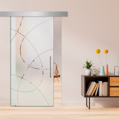 Porte de grange coulissante en verre sans cadre avec design moderne givré + ensemble de quincaillerie (semi-privée)