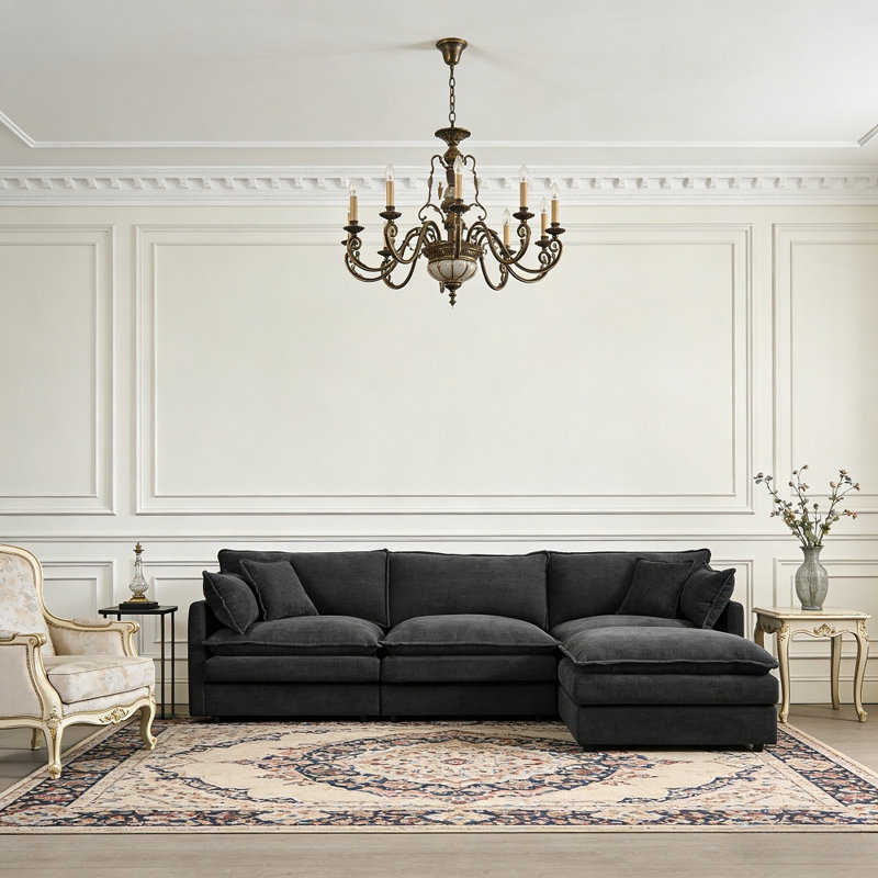 102" Modular L-Shaped Sectional Sofa, 3-Seater Cloud Couch With Ottoman, Black