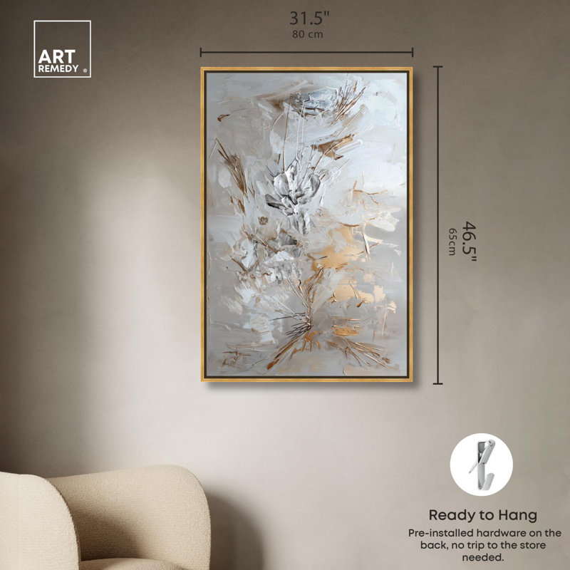 Golden Mirage, toile élégante abstraite dorée par Art Remedy, Cadre doré, H 46 po x l 31 po
