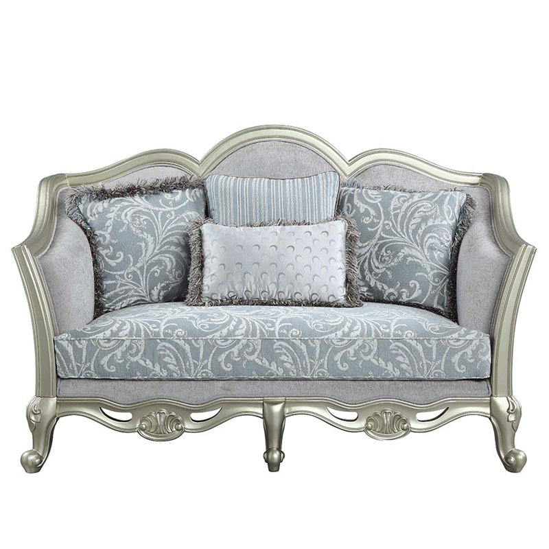66" Light Gray Linen Loveseat with Champagne Wood Trim