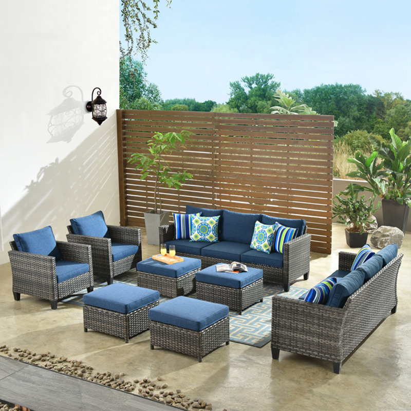 Ensemble de meubles de patio en osier / rotin pour 8 personnes Allcot, ensemble de canapé d'extérieur avec canapé, chaises, repose-pieds, coussins décoratifs et coussins confortables