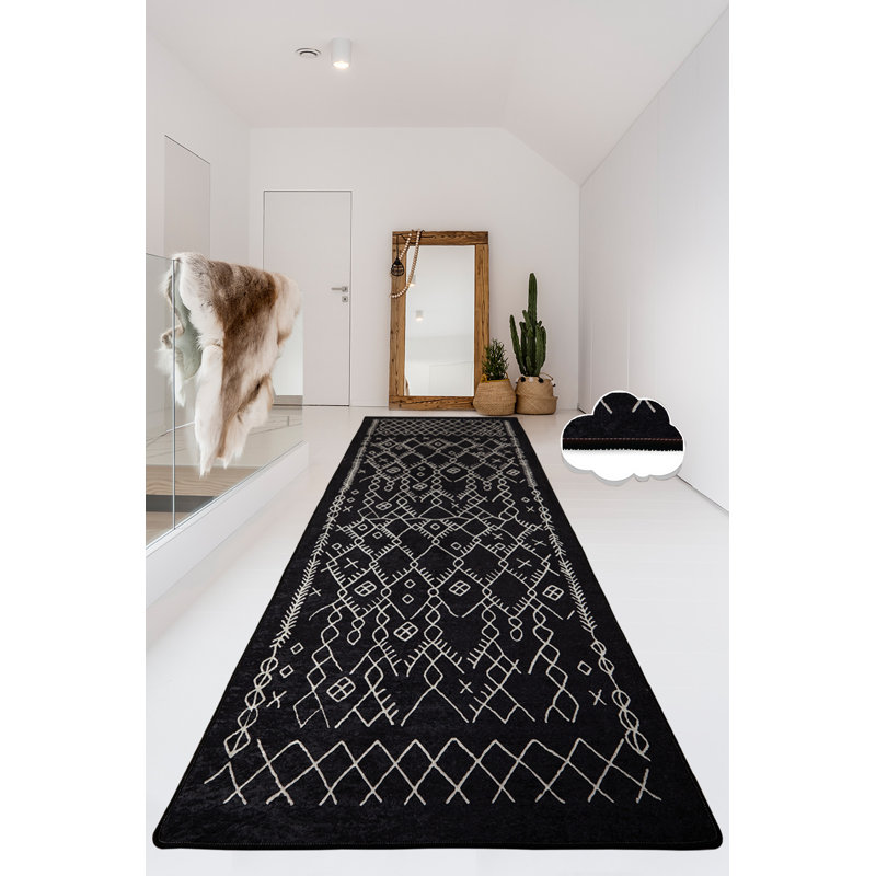 Antibacterial Hall Carpet, 3.9 x 4.9 ft, 100% Polyester, 0.4 in Pile Height | Non-Slip Felt Dot Underside | Machine Washable, Black and White Design | Perfect for Entryways & Living Spaces, Durable and Stylish