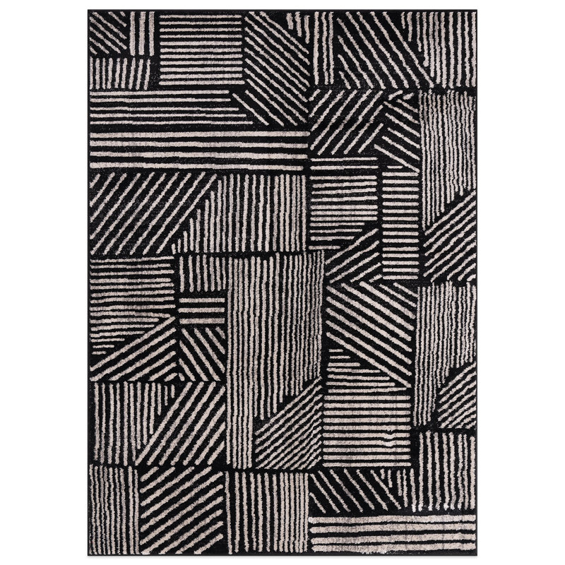 Tapis géométrique noir / ivoire Rambo, Rectangle 6 pi 7 po x 9 pi, Black