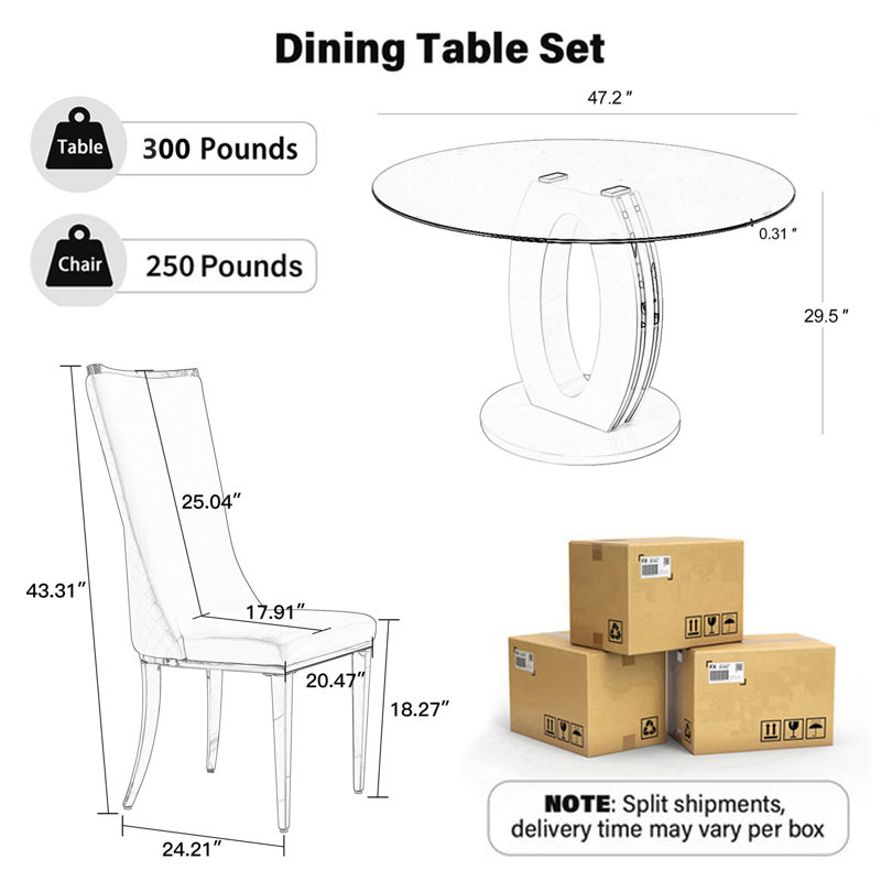 Table de salle à manger ronde en verre trempé, table de salle à manger de luxe avec dossier haut pour la salle à manger, Noir