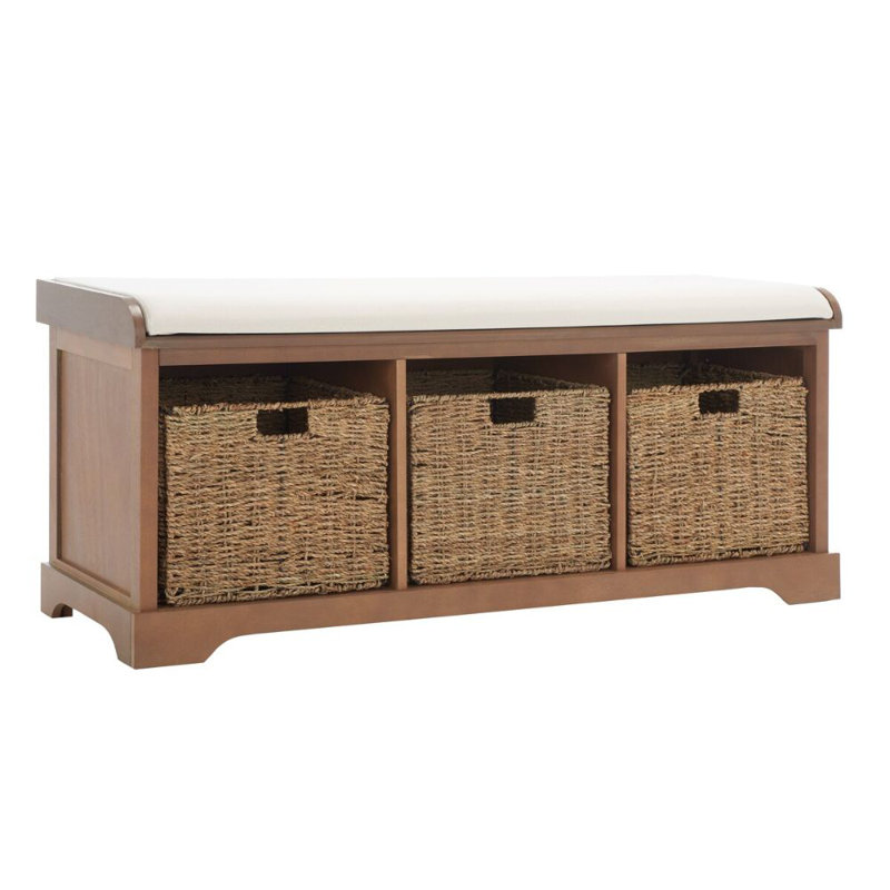Aniella Faux Leather Upholstered Modern Storage Bench, Pine Wood Woven 3 Baskets for Mudroom and Entryway, Washed Nat Pine
