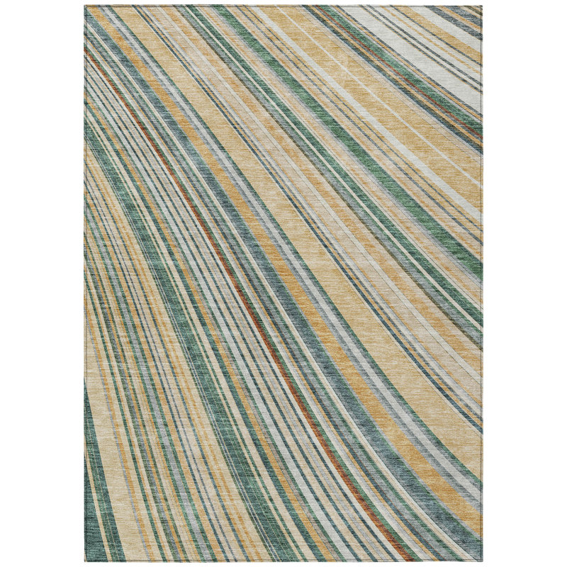 Beige and White Striped Synthetic 5' x 7' Washable Rug