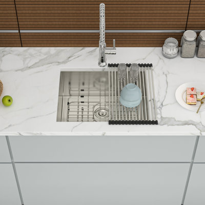 18 Gauge 21"X18"X9" Undermount Single Bowl Kitchen Sink, 9 Inch Deep, Brushed Nickel Finish, X Shaped Water Guideline, Soundproofing Pads, Foldable Drying Rack Rack, Installation Guide