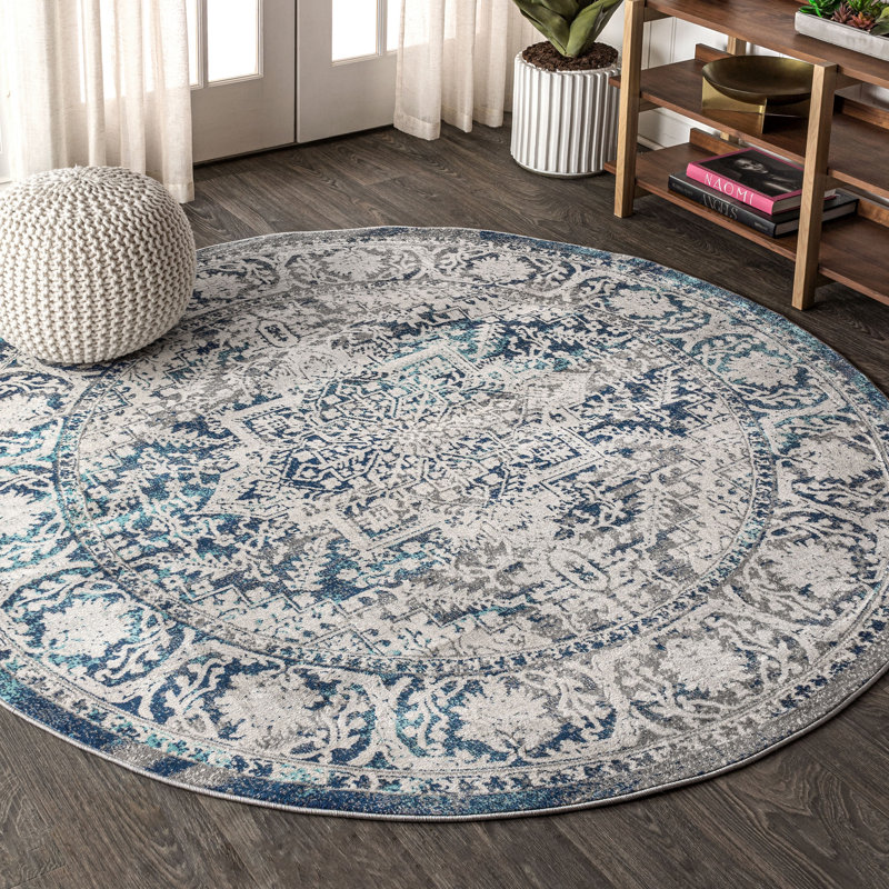 Tapis bleu marine / gris clair Modern, Rond 7 pi 9 po