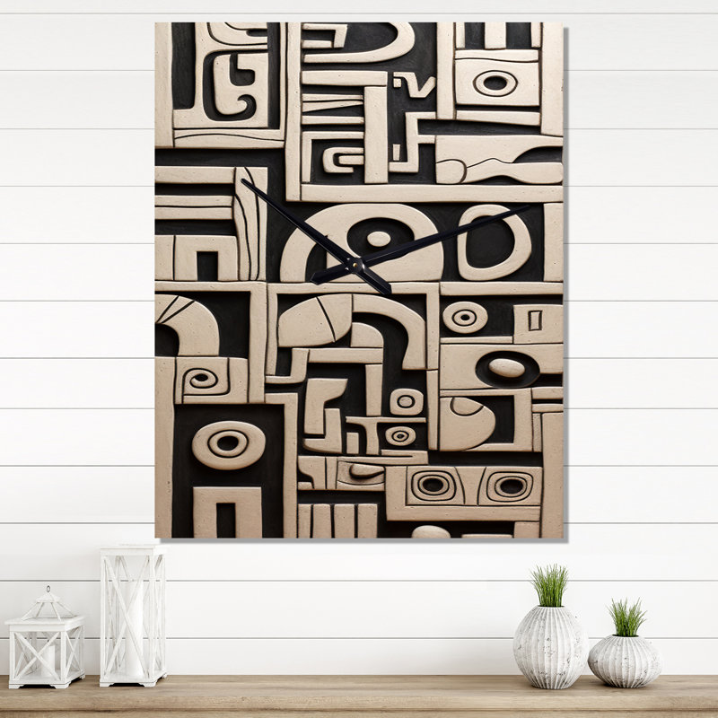 Tribal Sculptures en noir et blanc - Minimalisme horloge murale moderne, H 32 po x l 24 po x P 1 po