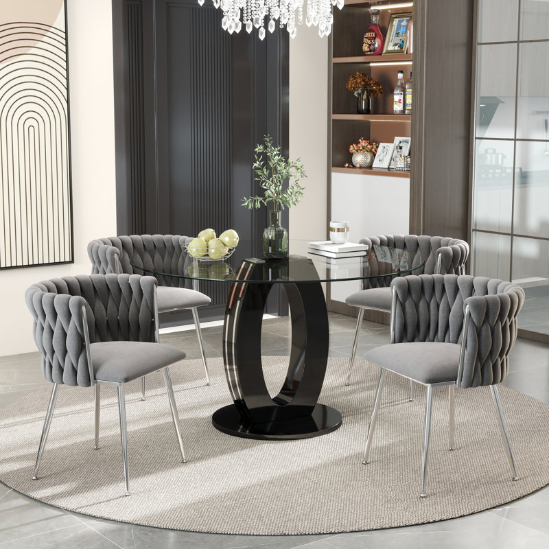 Modern Round Tempered Glass Pedestal Dining Set with Velvet Woven Dininig Chair, Gray/Silver, Black/Silver