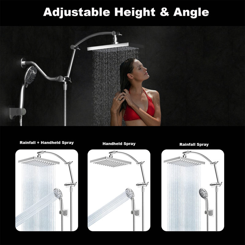 8-Inch Rainfall Shower Head With High-Pressure Handheld Spray, 16-Inch Adjustable Curved Shower Arm Extension, 7 Spray Settings, 71-Inch Hose & Sticky Shower Holder