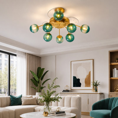 34" Gold 8-Light Blue Globe Fandelier with Retractable Clear Blades, Remote and Reversible DC Motor