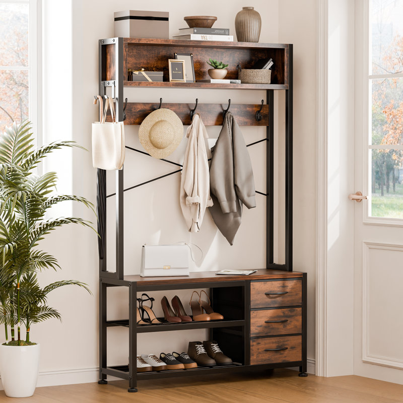 Gerzik 5 in 1 Hall Tree with Bench and Shoe Storage, Entryway Bench with 7 Coat Hooks 3 Drawers and Top Storage Shelf, for Hallway Living Room