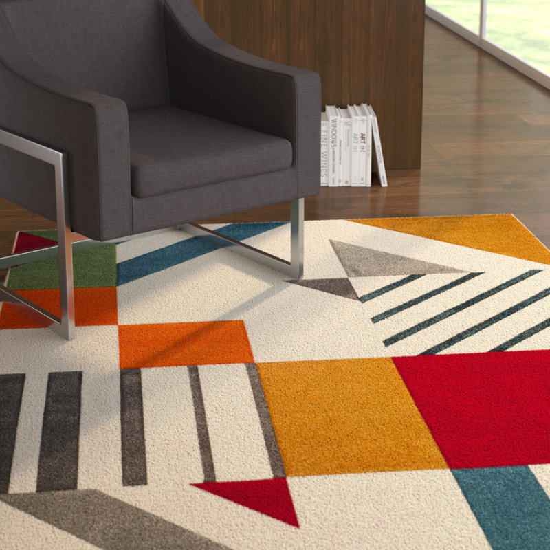 Tapis géométrique ivoire / bleu paon Garima, Rectangle 8 pi x 10 pi