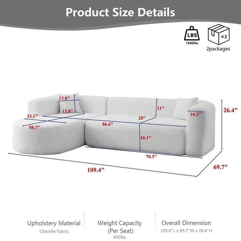 Canapé modulaire à dossier incurvé de 109,4 po, canapé en forme de L avec méridienne orientée vers la gauche et 2 coussins décoratifs, canapé en chenille pour salon et appartement, sans assemblage requis