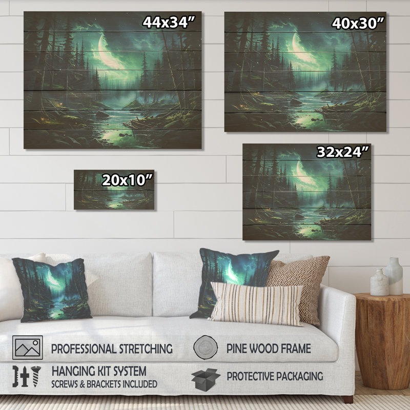 Northern Lights Forest Dreams II - Forêt et rivière sur bois, H 24 po x l 32 po x P 0,78 po