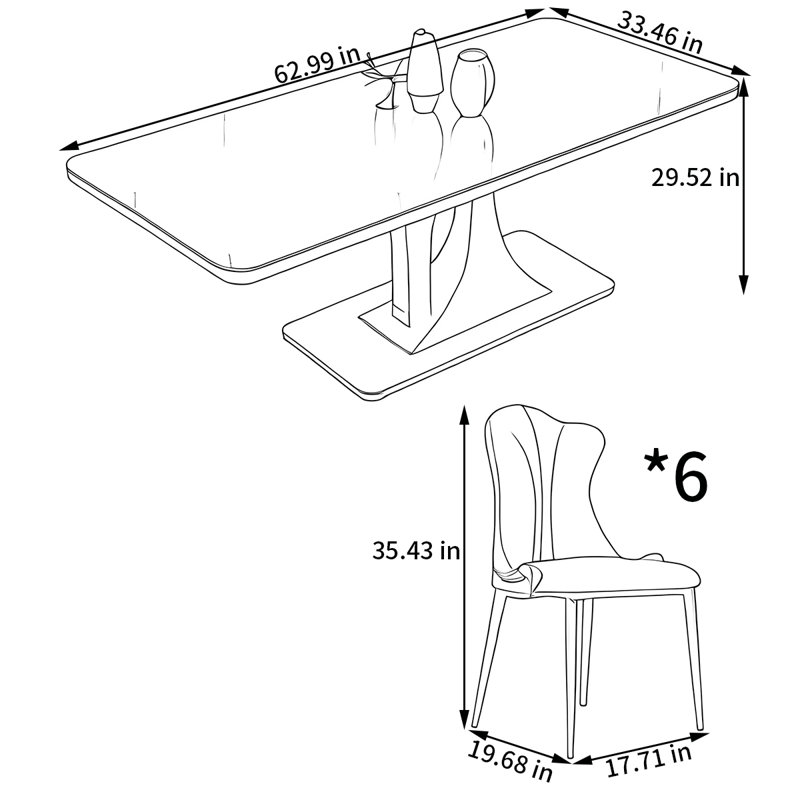 Ensemble de table de salle à manger rectangulaire et chaises, H 29,52 po x L 62,99 po x l 33,46 po