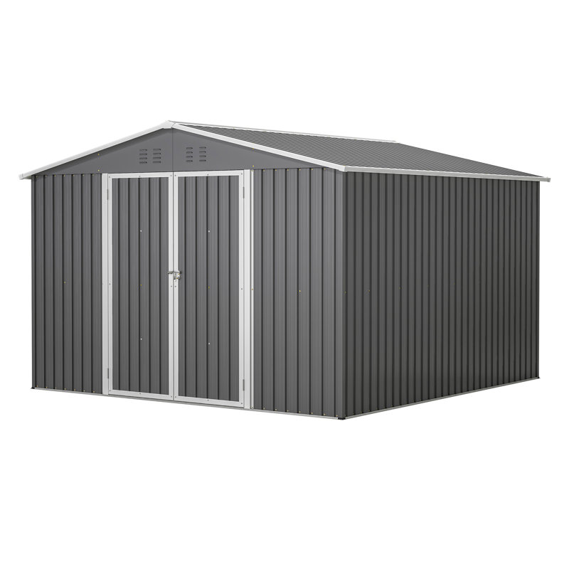 Remise de rangement extérieure grise de 10 pi x 10 pi avec un design mis à jour et des portes verrouillables, un toit incliné pour la ventilation, idéal pour les besoins d'organisation de la cour arrière, grand jardin
