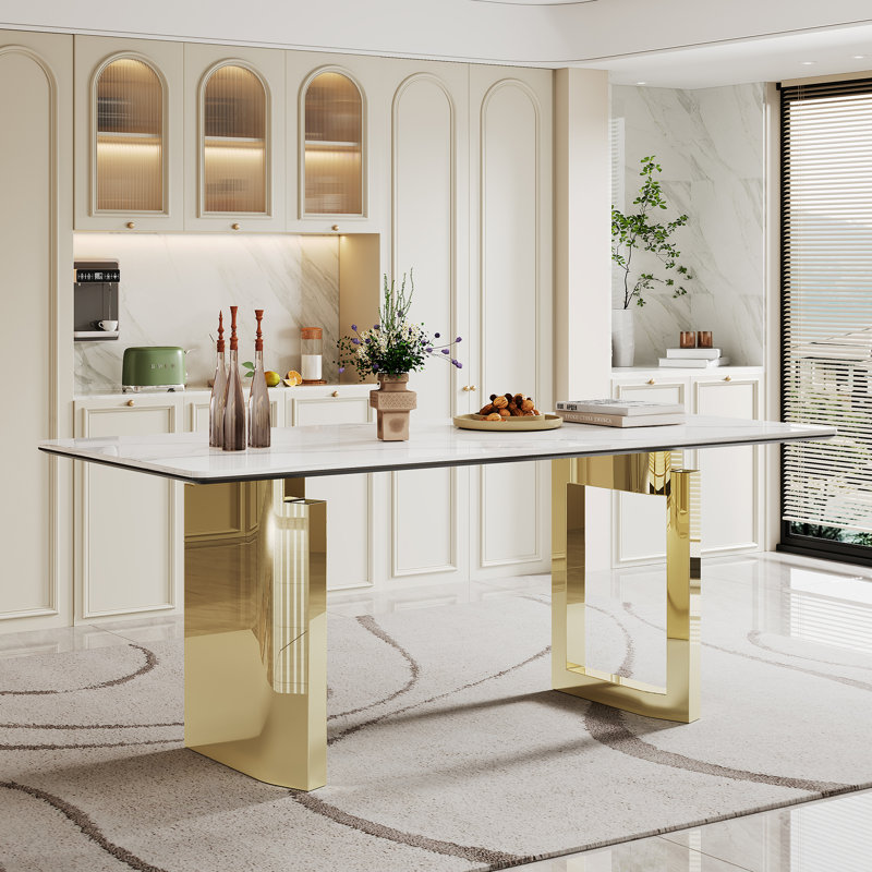Faux Marble Top Metal Base Dining Table, Gold