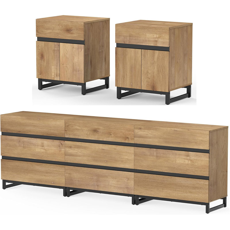 Ensemble de commode et table de chevet 3 pièces Nellie, commode 94,5 pouces avec 9 tiroirs, 2 tables de chevet avec tiroir et armoire pour chambre à coucher