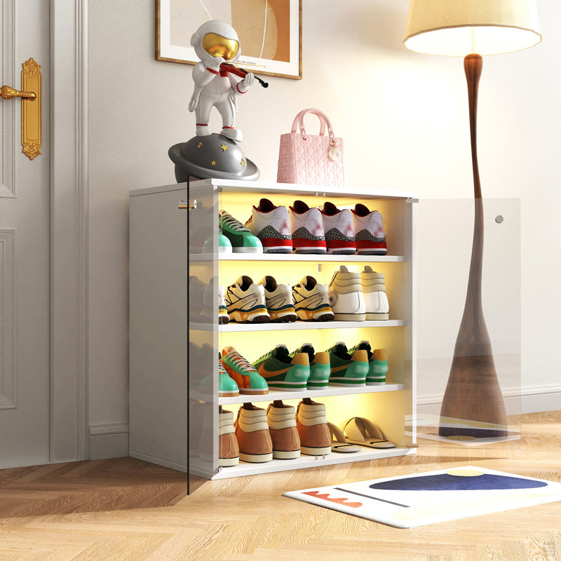 Shoe Box With RGB LED Light, Wooden Stackable Shoe Storage Box With Glass Door, Shoe Storage Bin Shoe Display Case(4 Tier-1)
