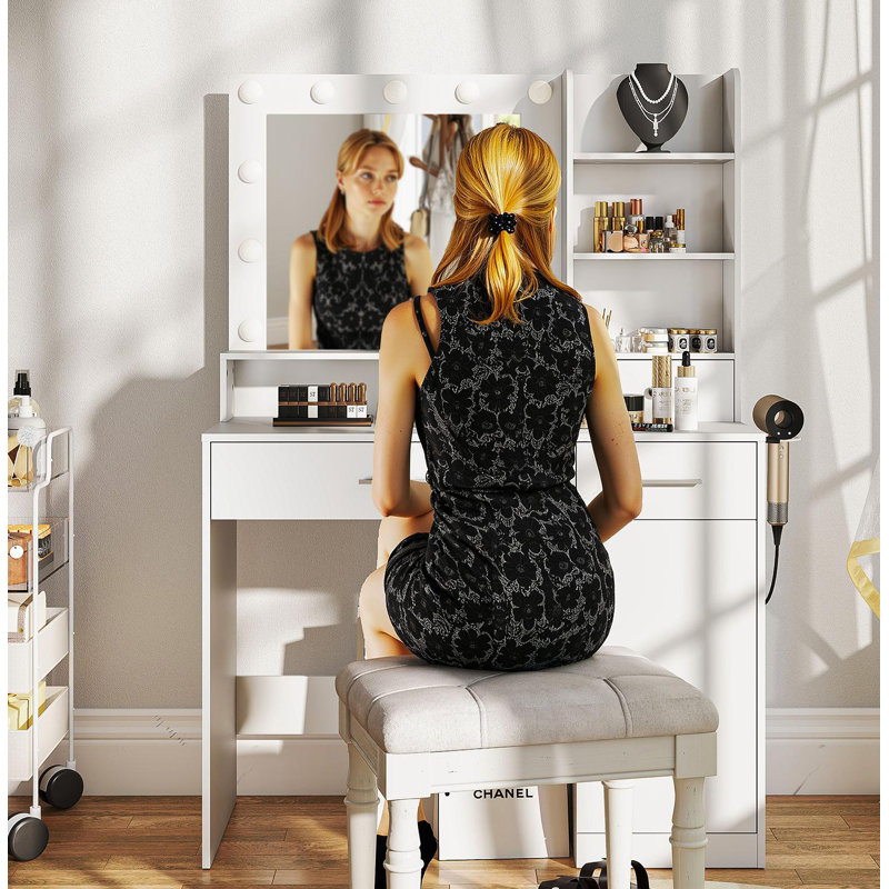 Coiffeuse avec miroir et lumière, coiffeuse à luminosité réglable avec tiroirs et tablettes de rangement, blanc
