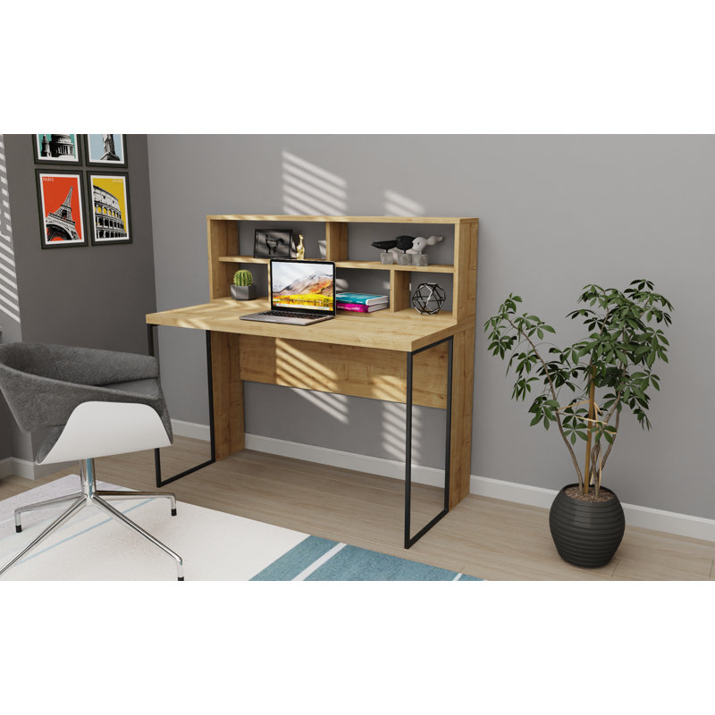 Traudel Writing Desk With Wall Shelf, Oak